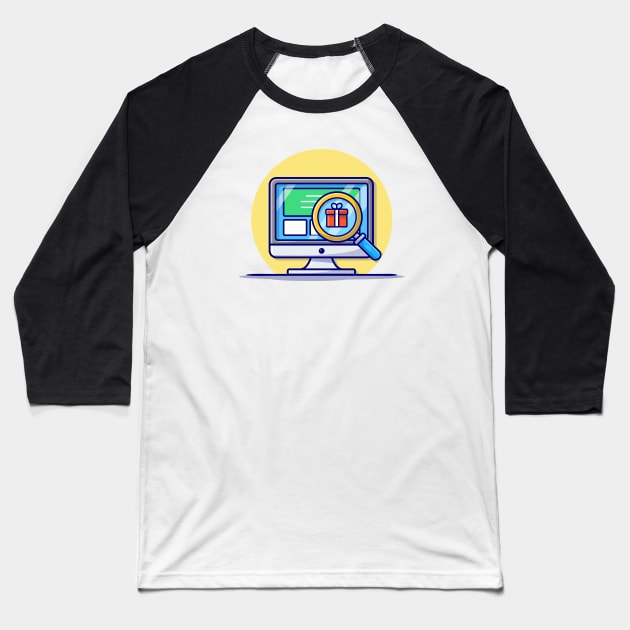 Monitor With Magnifying Glass And Gift Cartoon Vector Icon Illustration Baseball T-Shirt by Catalyst Labs